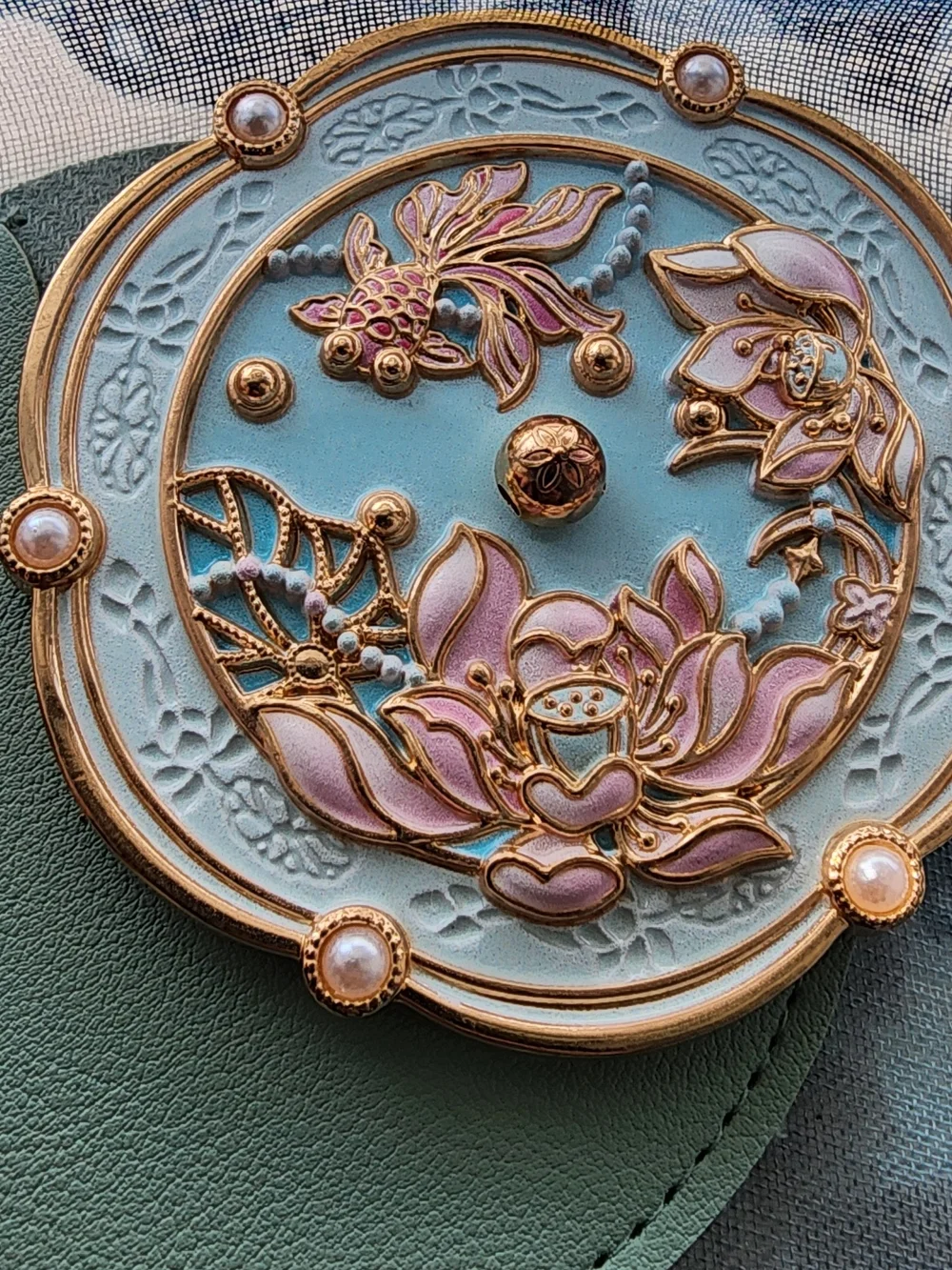 Elegant Gold-Tone Floral Compact Mirror in Blue and Pink